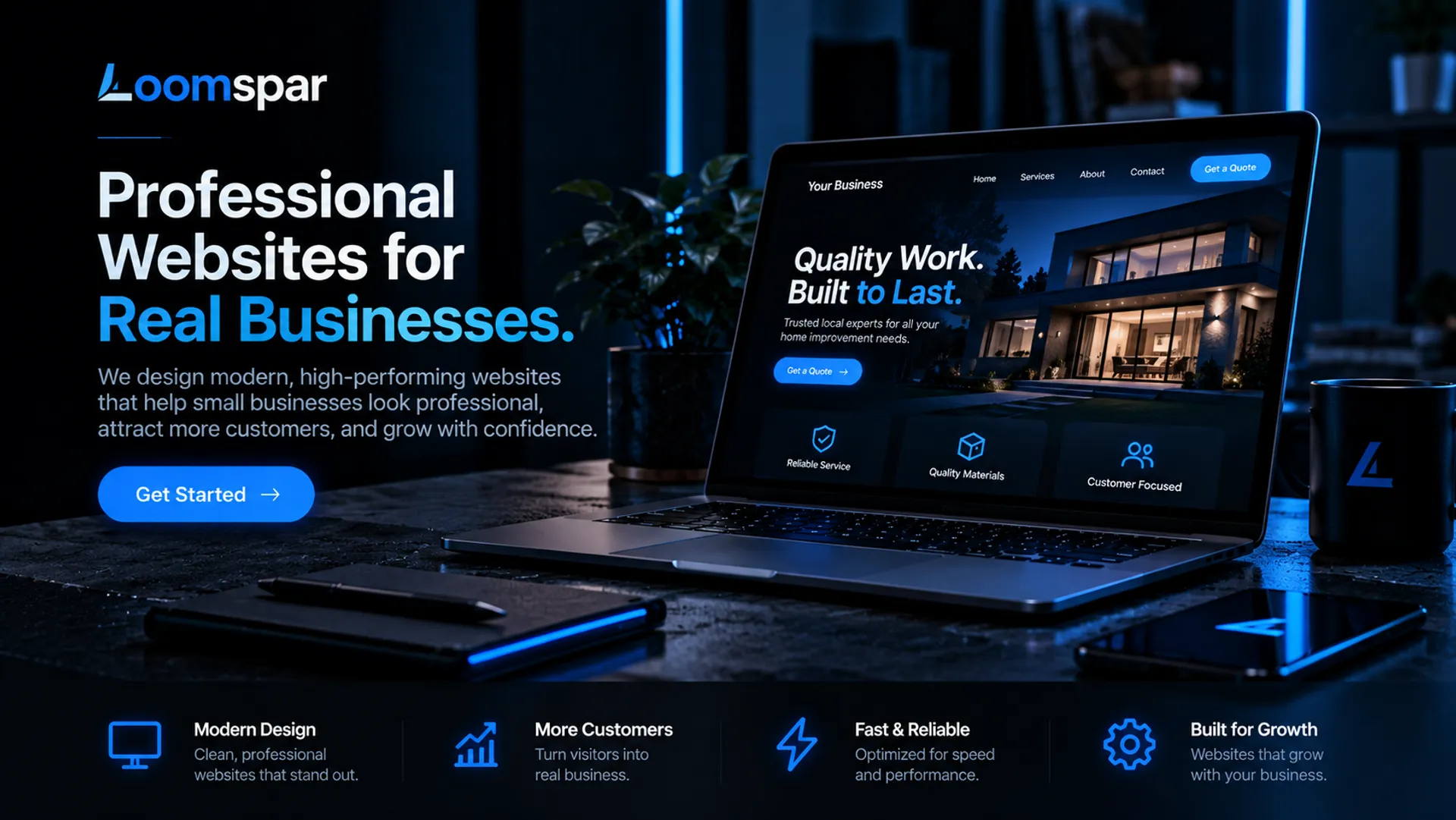 Professional websites for real businesses, shown on a laptop: modern design, more customers, fast and reliable, built for growth.